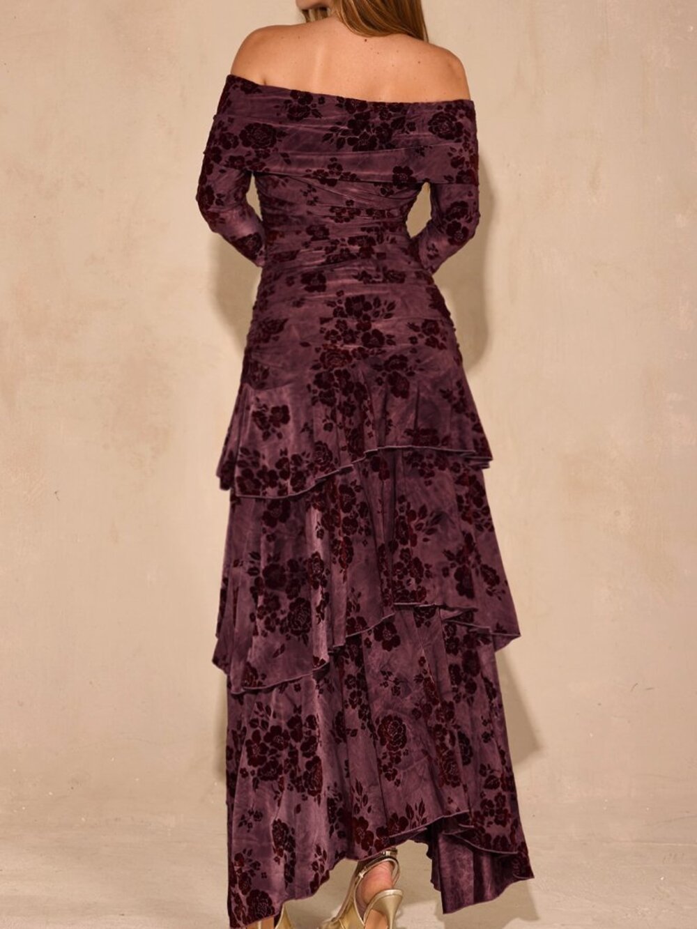 Burgundy Ruched Floral Off The Shoulder High Waist A-Line Dress - Picture 2 of 7